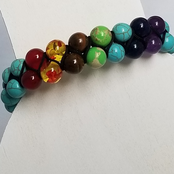 7 Chakra Dbl Layer Turquoise Lava Stone Bracelet - Picture 2 of 5
